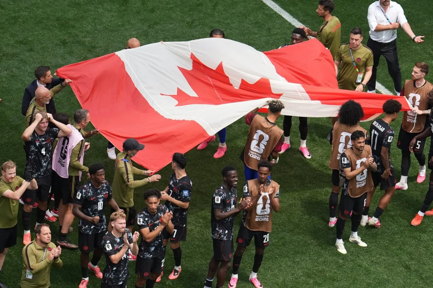 Players of Canada celebrate after the World Cup round of 32 soccer match against South Africa in Inglewood, Calif., near Los Angeles, Sunday, June 28, 2026. (AP Photo/Marcio Sanchez)Players of Canada celebrate after the World Cup round of 32 soccer match against South Africa in Inglewood, Calif., near Los Angeles, Sunday, June 28, 2026. (AP Photo/Marcio Sanchez)