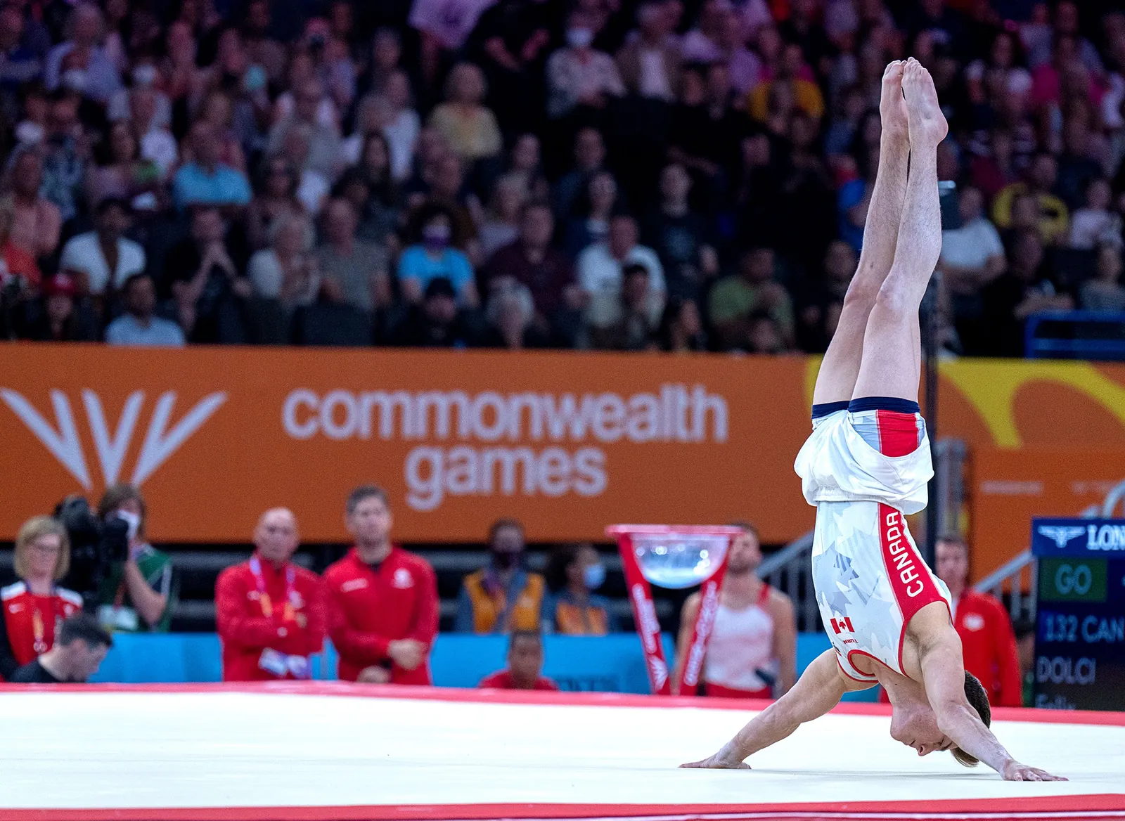 Canada’s Felix Dolci competes in the men’s floor exercise artistic gymnastics final in Birmingham Arena at the Commonwealth Games in Birmingham, England on Monday, Aug. 1, 2022. Dolci won silver. THE CANADIAN PRESS/Andrew Vaughan