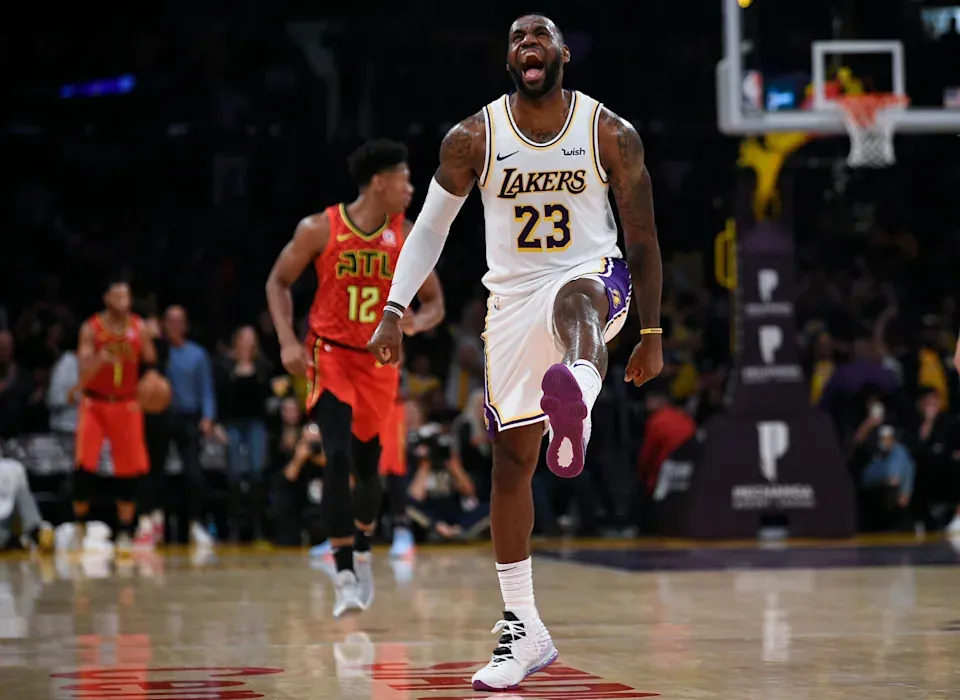 Los Angeles Lakers forward LeBron James celebrates after a dunk by guard Danny Green during the second quarter against the Atlanta Hawks at Staples Center on Nov. 17, 2019.(Kelvin Kuo, Imagn Images)