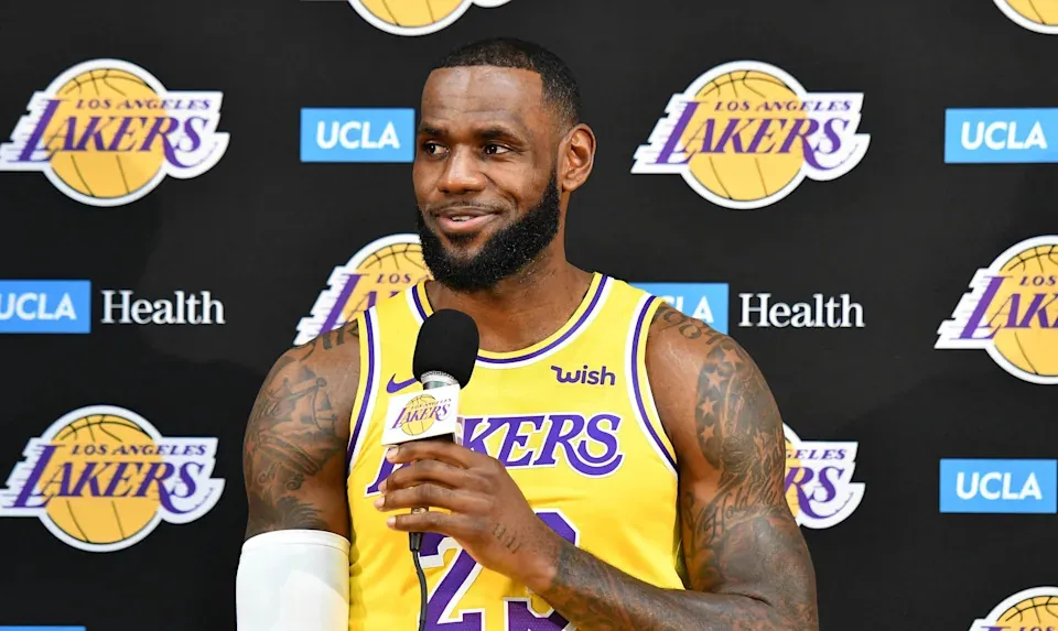 LeBron Jamesanswers a question during an interview session with reporters during the Los Angeles Lakers media day at the UCLA Health Training Center on Sept. 24, 2018 during his first season with the team.(Robert Hanashiro, Imagn Images)